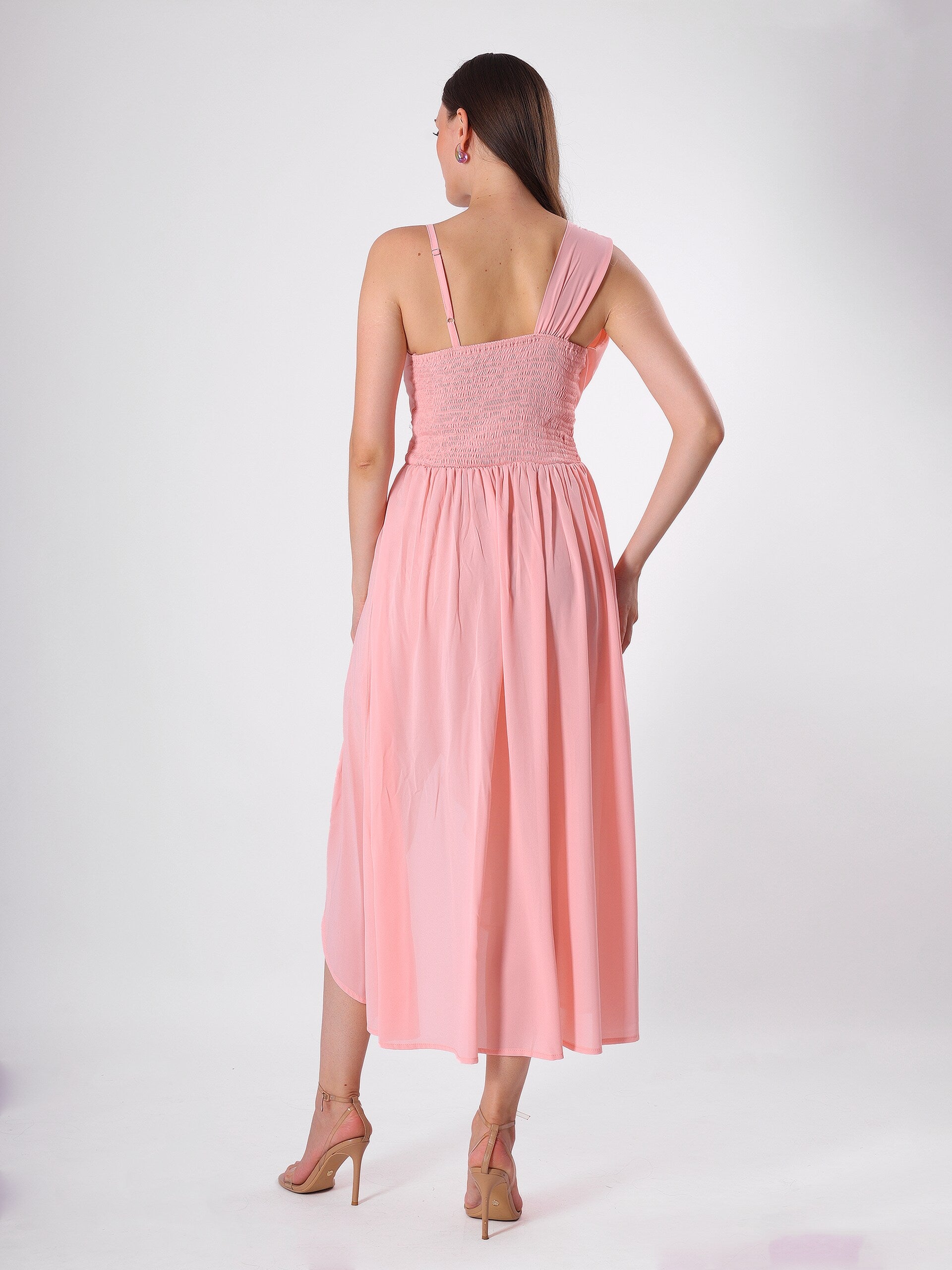 Pleated Shoulder Flared Midi Dress