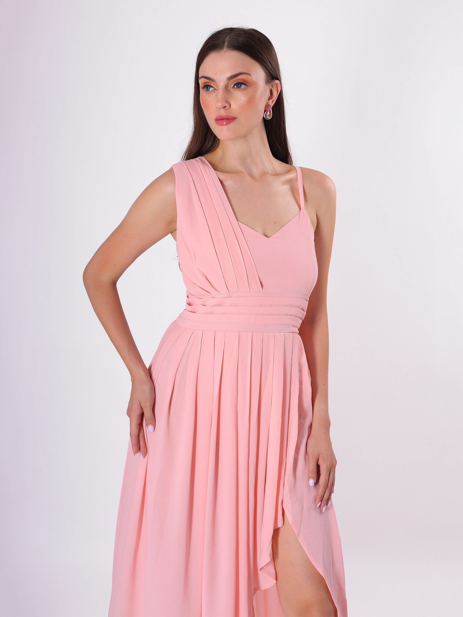 Pleated Shoulder Flared Midi Dress