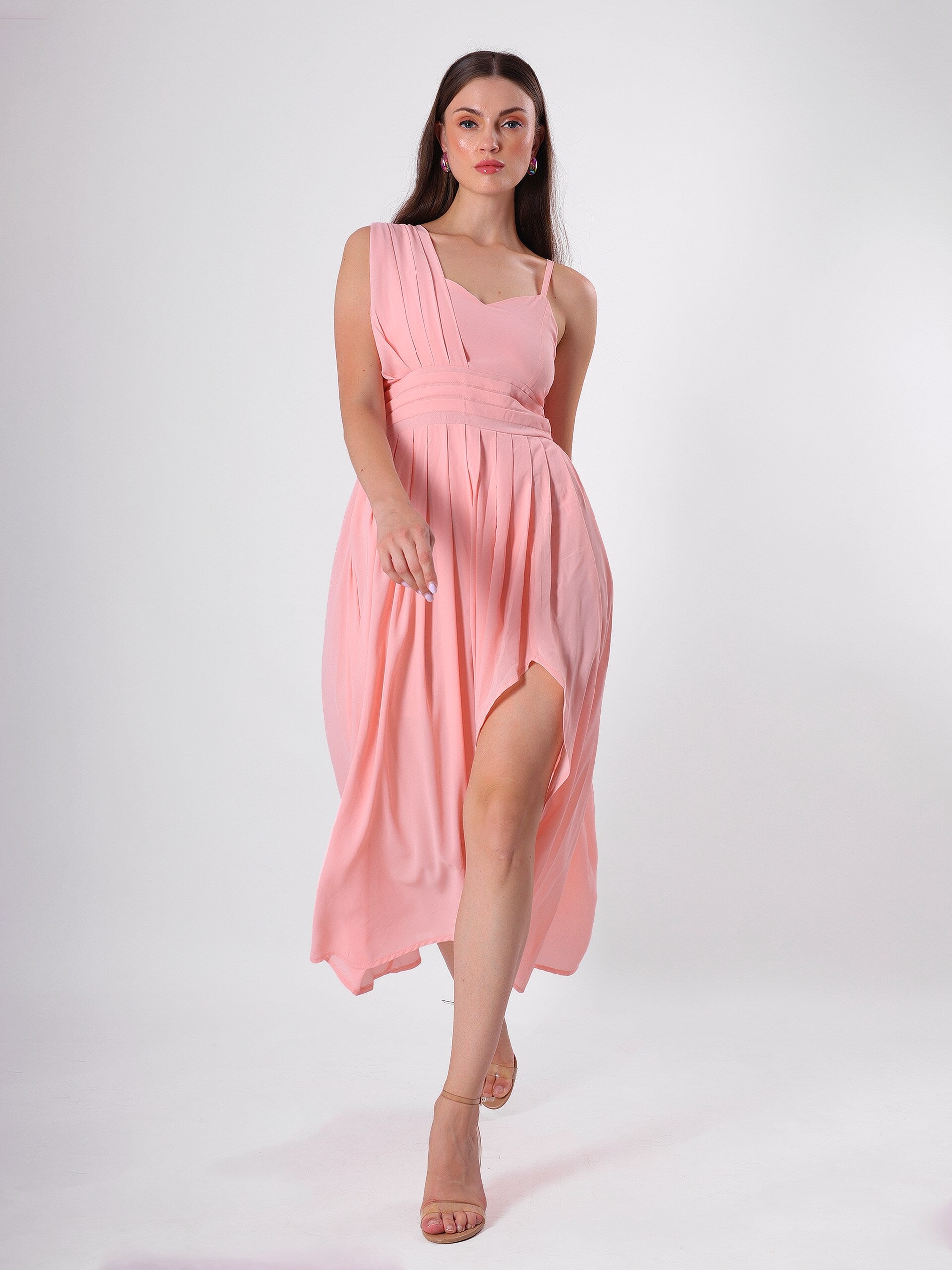 Pleated Shoulder Flared Midi Dress