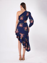 Printed One Off Shoulder Cutout Frill Dress