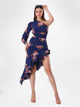 Printed One Off Shoulder Cutout Frill Dress