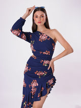 Printed One Off Shoulder Cutout Frill Dress