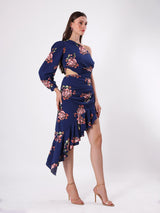 Printed One Off Shoulder Cutout Frill Dress