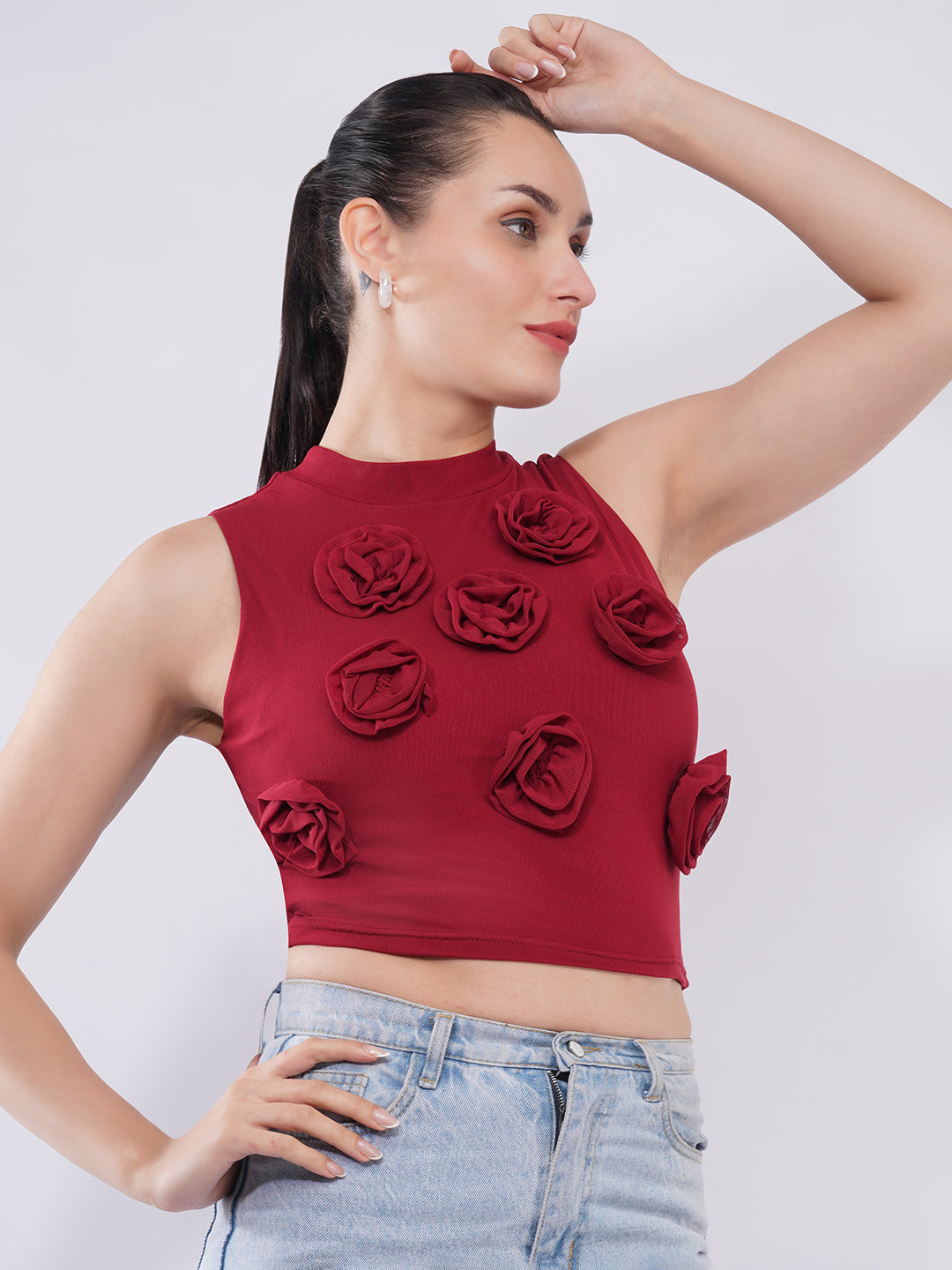 red crop top women, floral crop top, party wear top women, korean style top, aesthetic top, sleeveless crop top, trendy women top