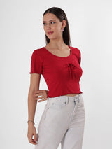 Red Bow Crop Top With Round Neck