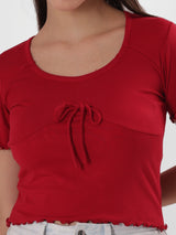 Red Bow Crop Top With Round Neck