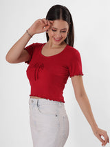 Red Bow Crop Top With Round Neck