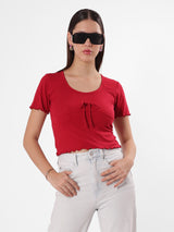 Red Bow Crop Top With Round Neck