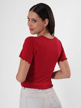 Red Bow Crop Top With Round Neck