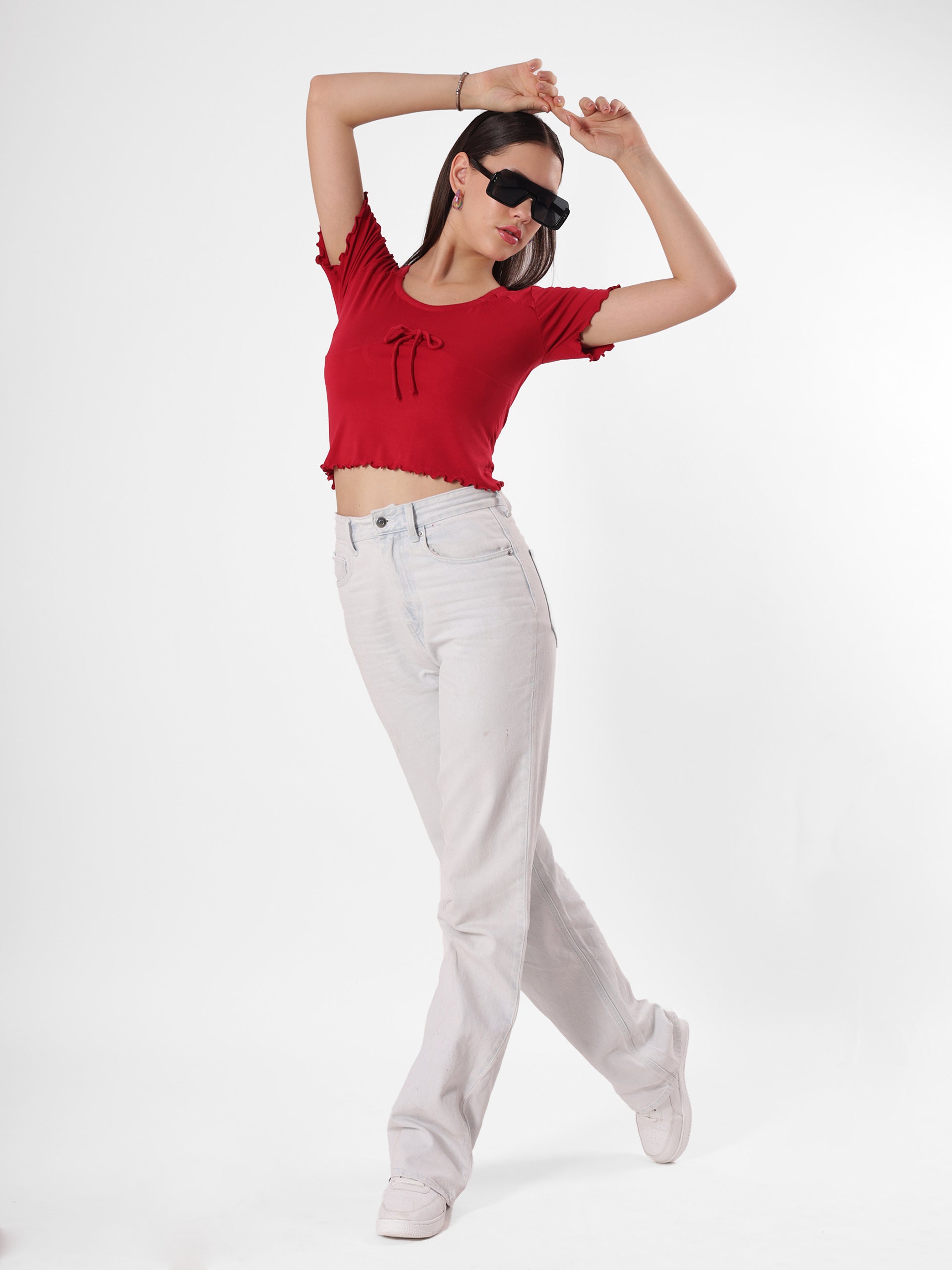 Red Bow Crop Top With Round Neck