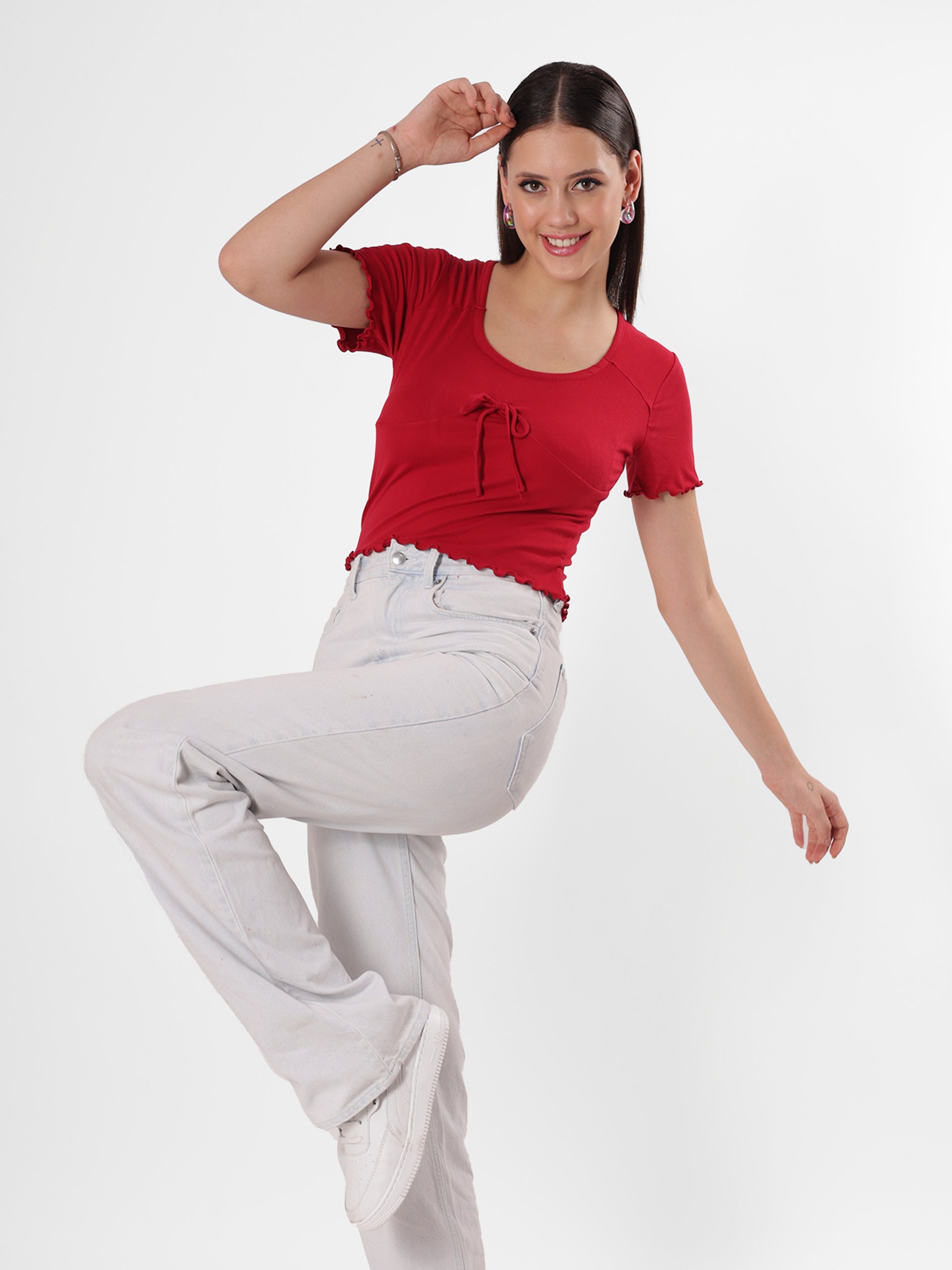 Red Bow Crop Top With Round Neck