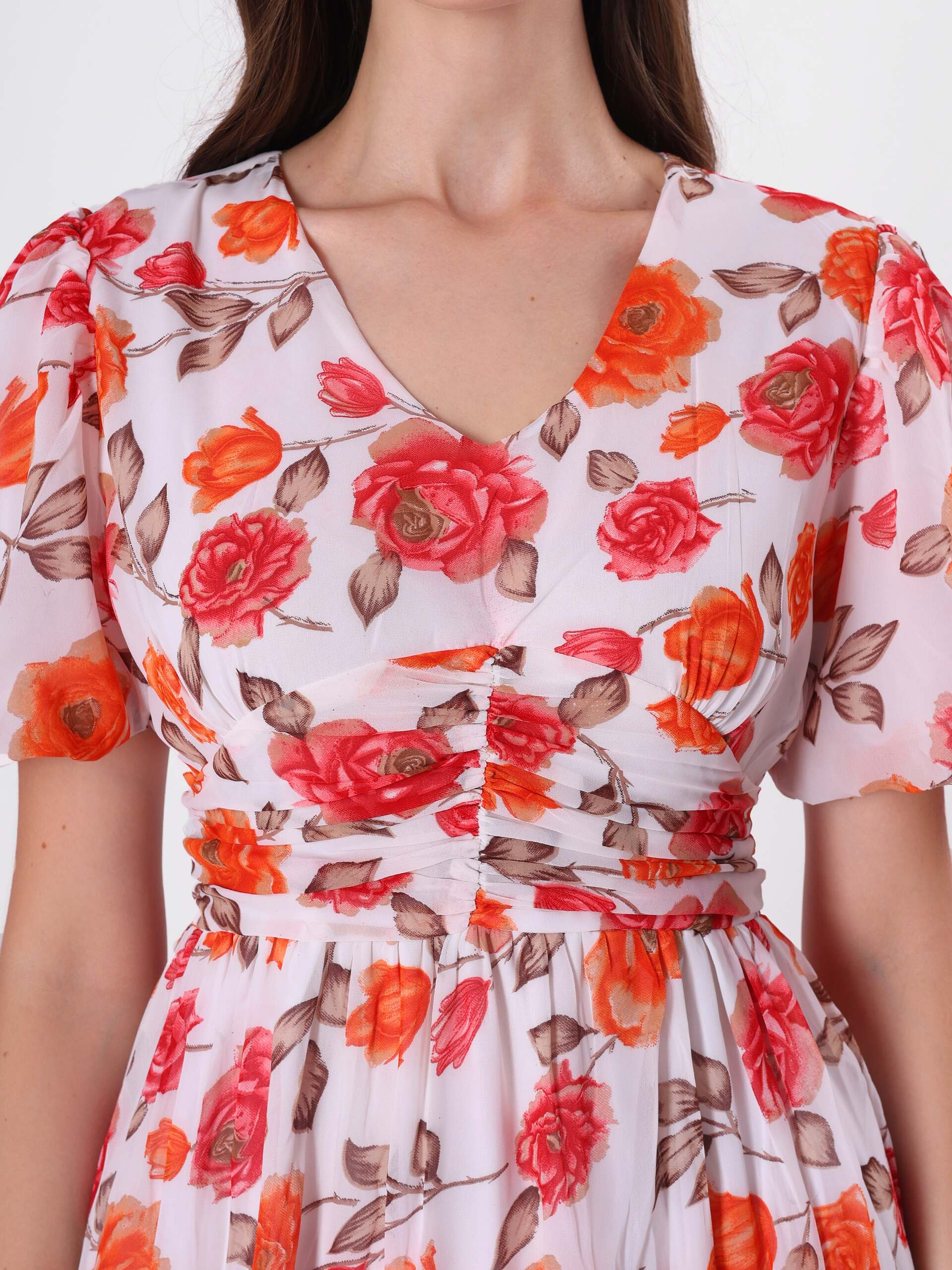 Red Floral Print Pleated Midi Dress with V Neck & Puff Sleeve