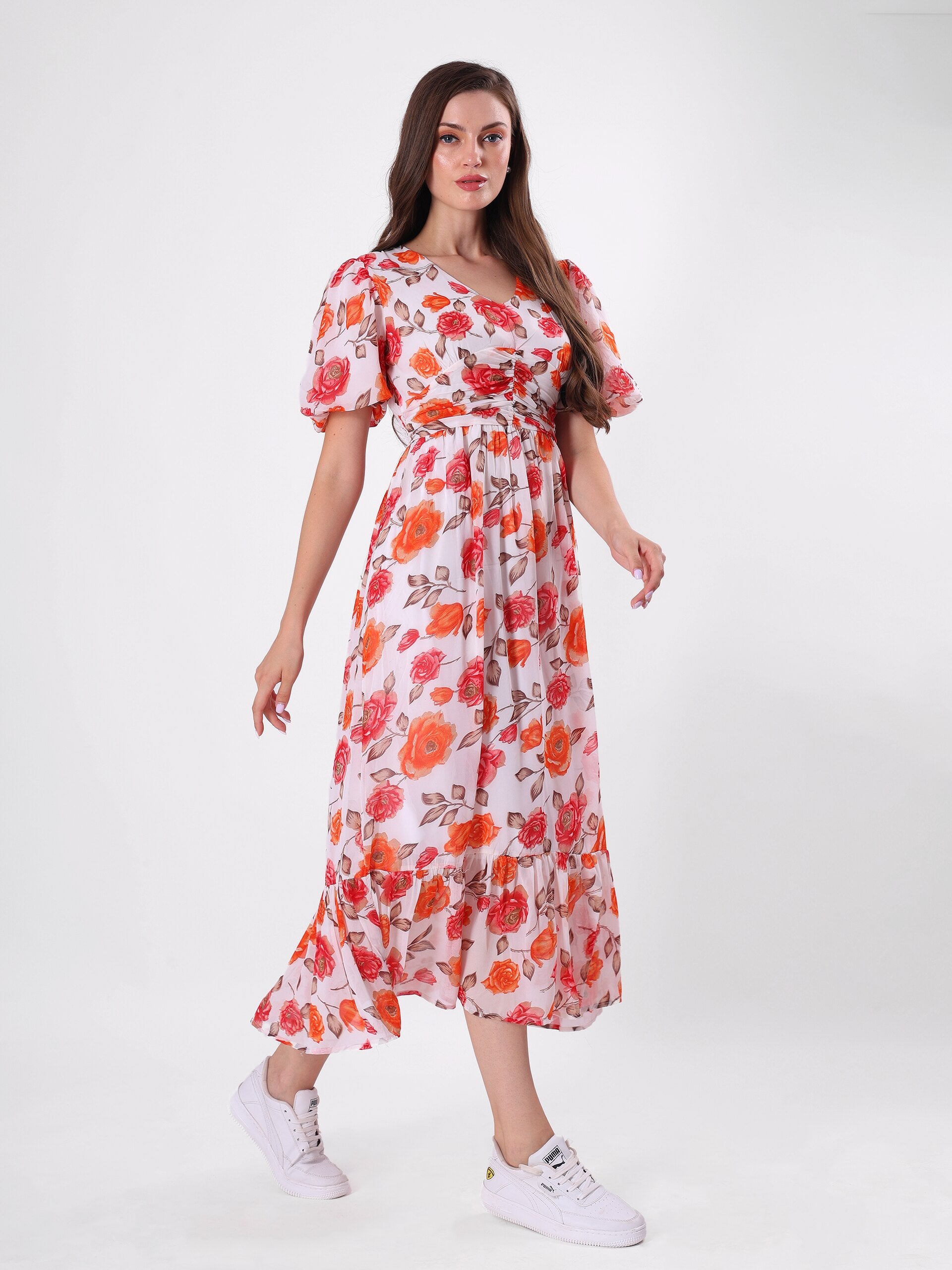 Red Floral Print Pleated Midi Dress with V Neck & Puff Sleeve
