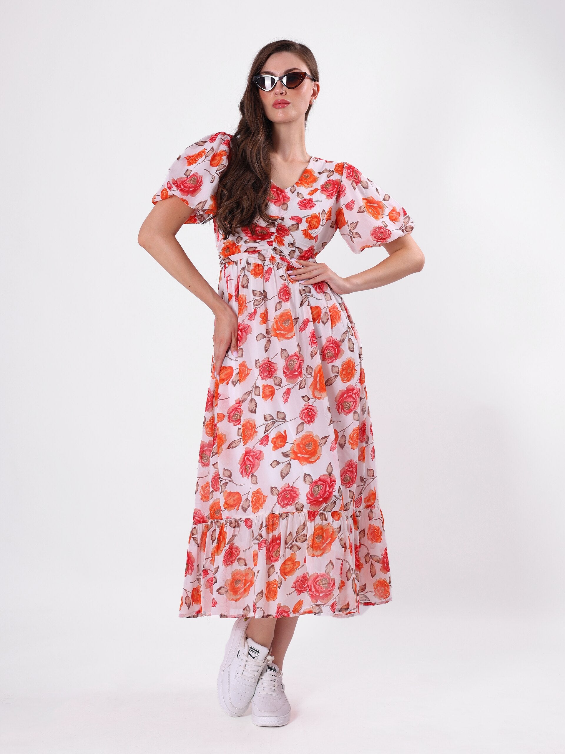 Red Floral Print Pleated Midi Dress with V Neck & Puff Sleeve