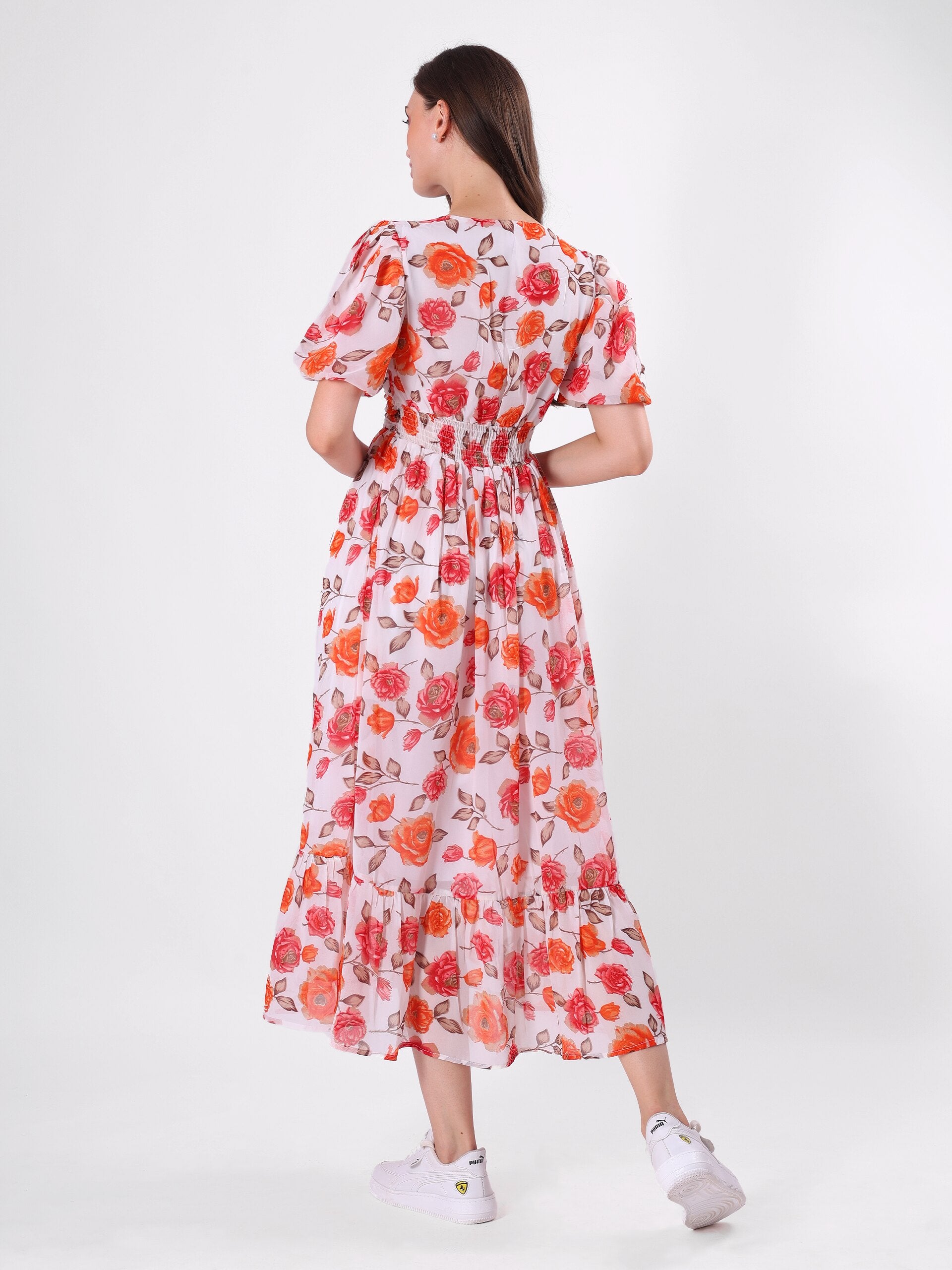 Red Floral Print Pleated Midi Dress with V Neck & Puff Sleeve