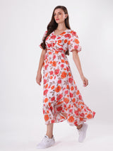Red Floral Print Pleated Midi Dress with V Neck & Puff Sleeve