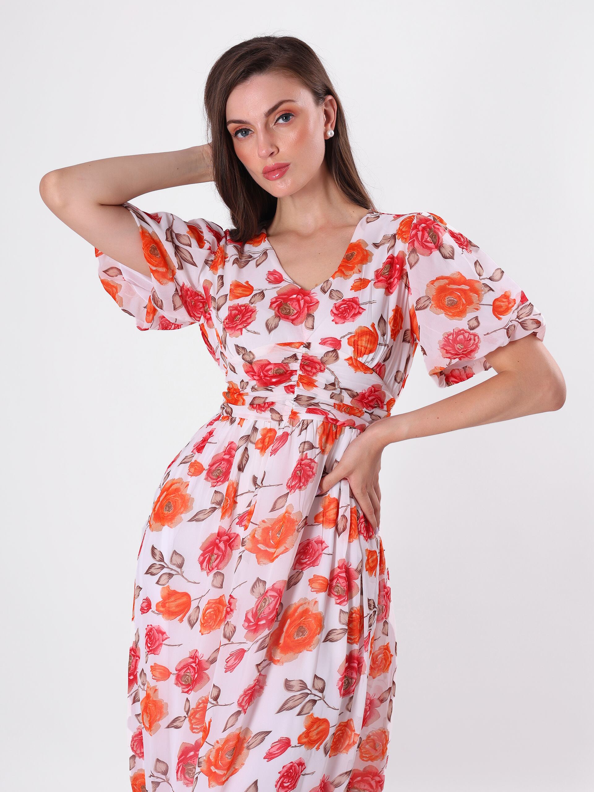 Red Floral Print Pleated Midi Dress with V Neck & Puff Sleeve