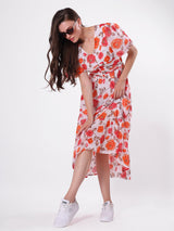 Red Floral Print Pleated Midi Dress with V Neck & Puff Sleeve