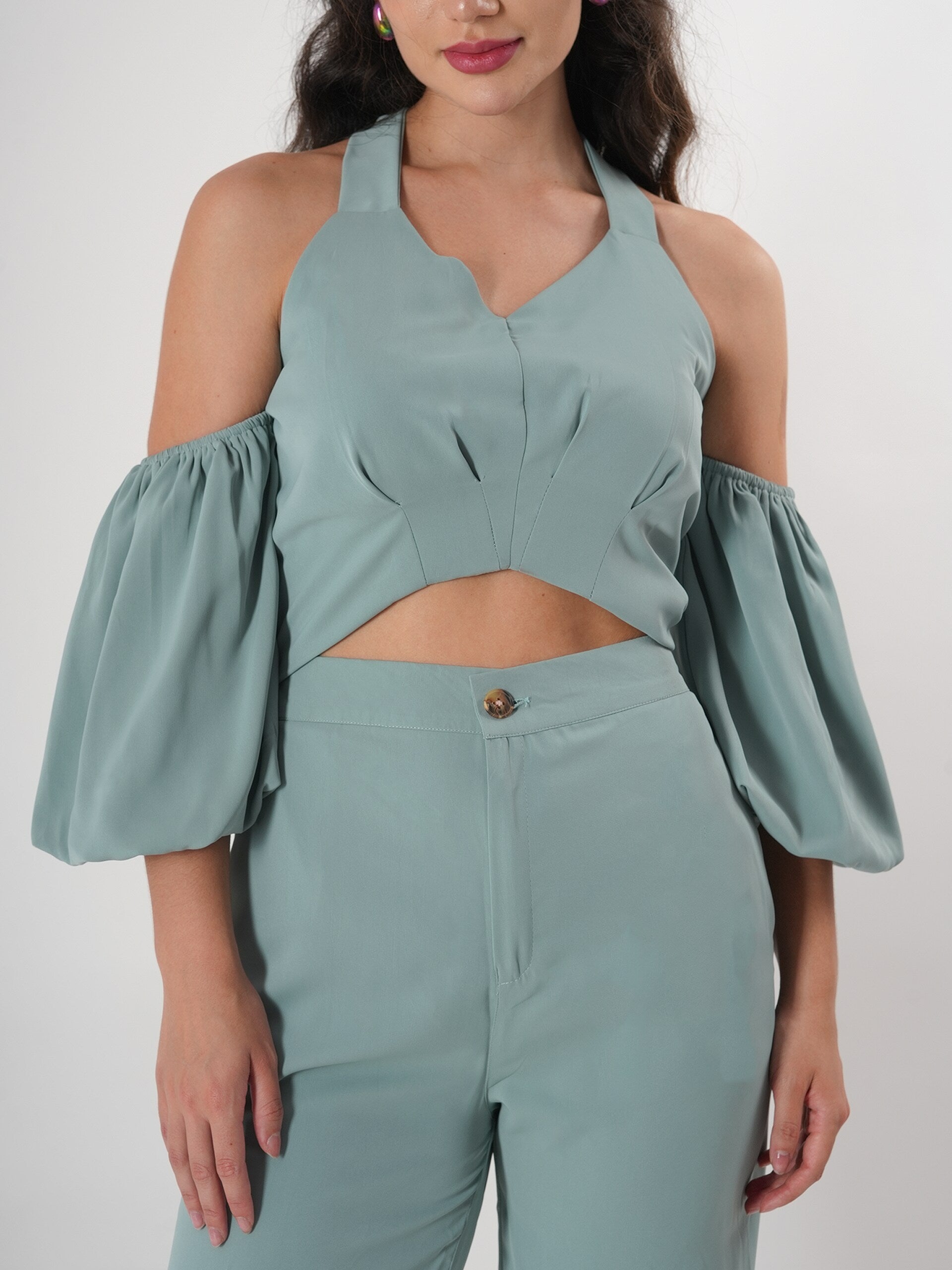 Seafoam Green Spaghetti Strap Co-ord Set With Juliet Sleeve-1