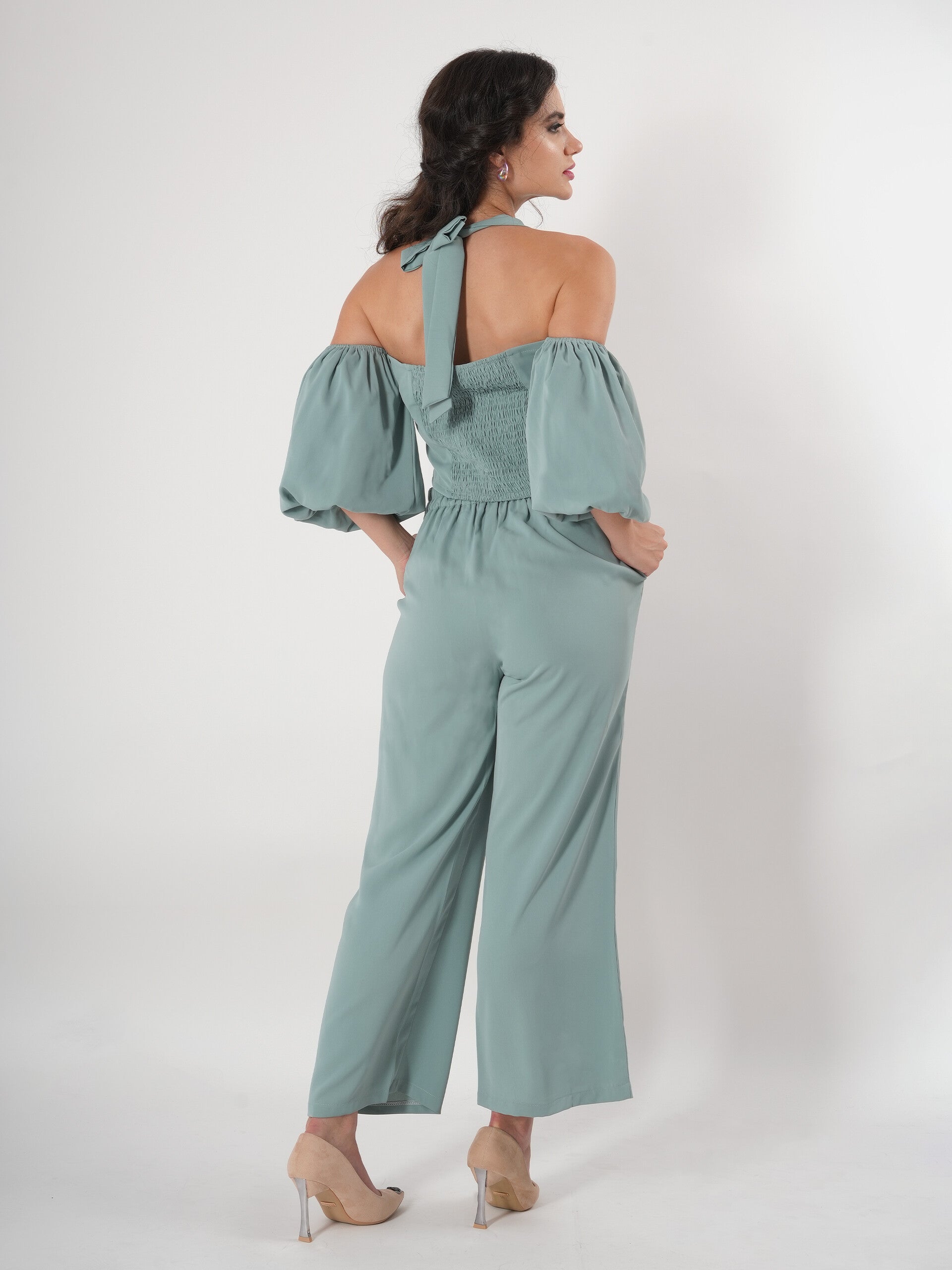 Seafoam Green Spaghetti Strap Co-ord Set With Juliet Sleeve-2