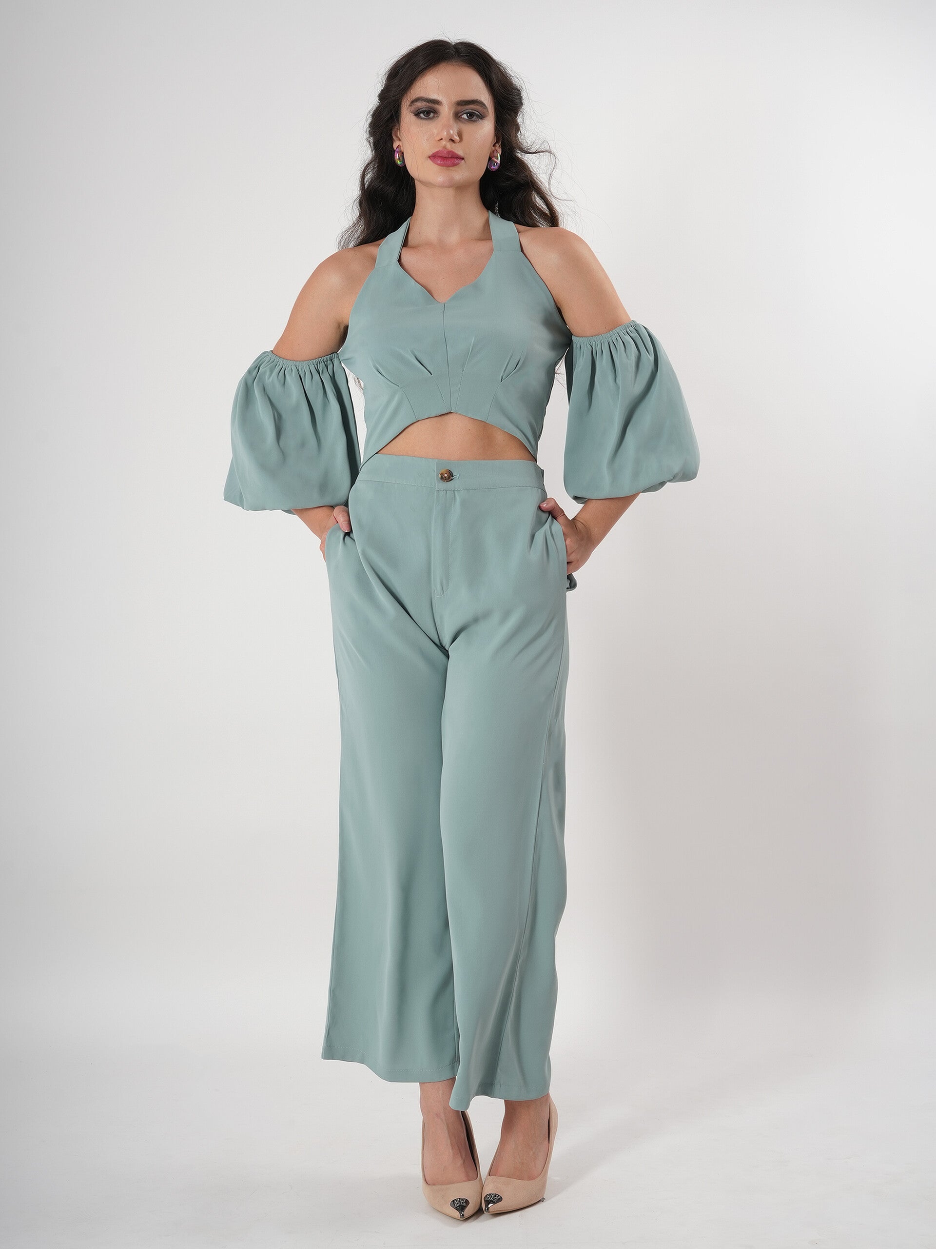 Seafoam Green Spaghetti Strap Co-ord Set With Juliet Sleeve-3