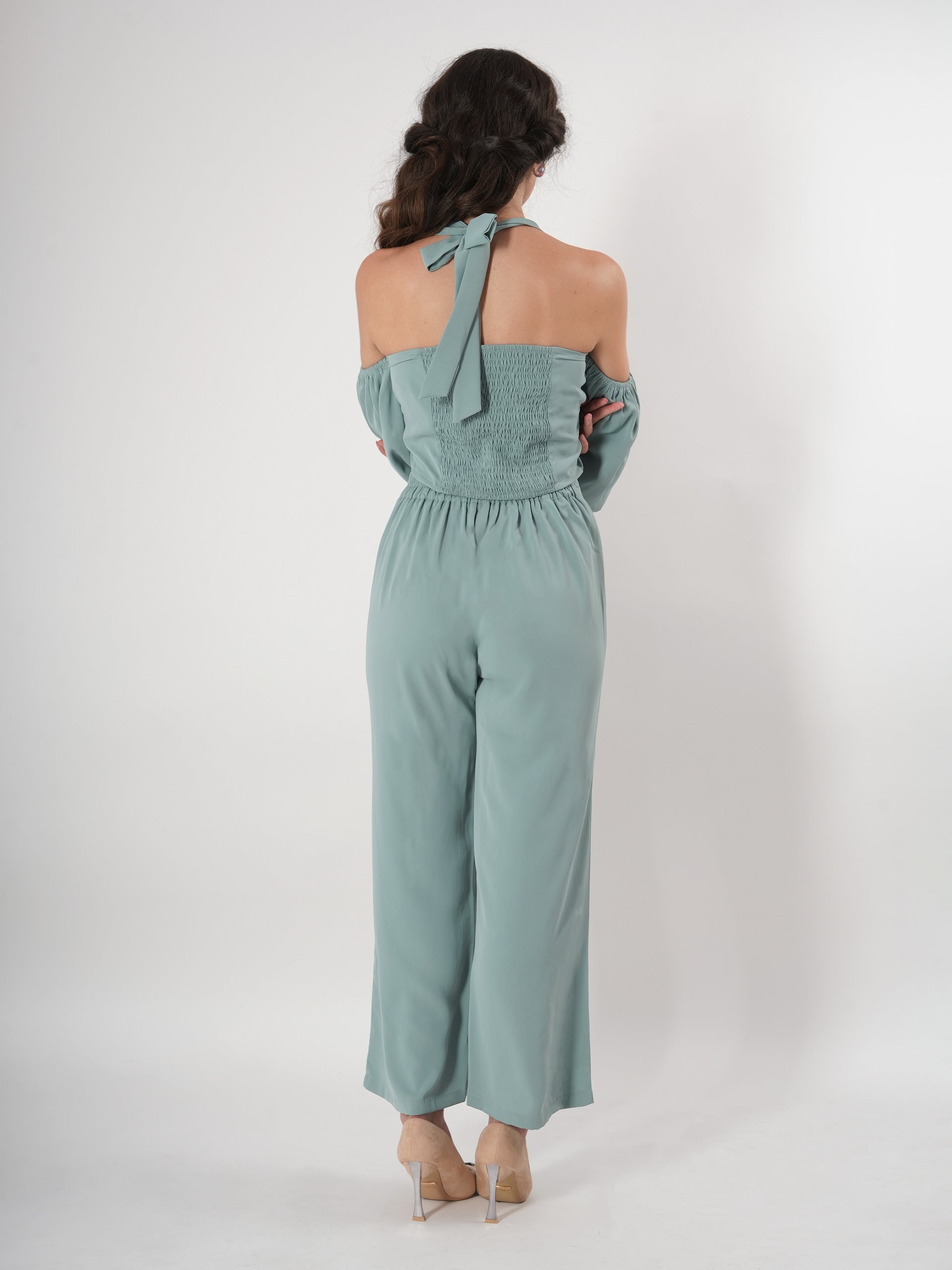 Seafoam Green Spaghetti Strap Co-ord Set With Juliet Sleeve-4