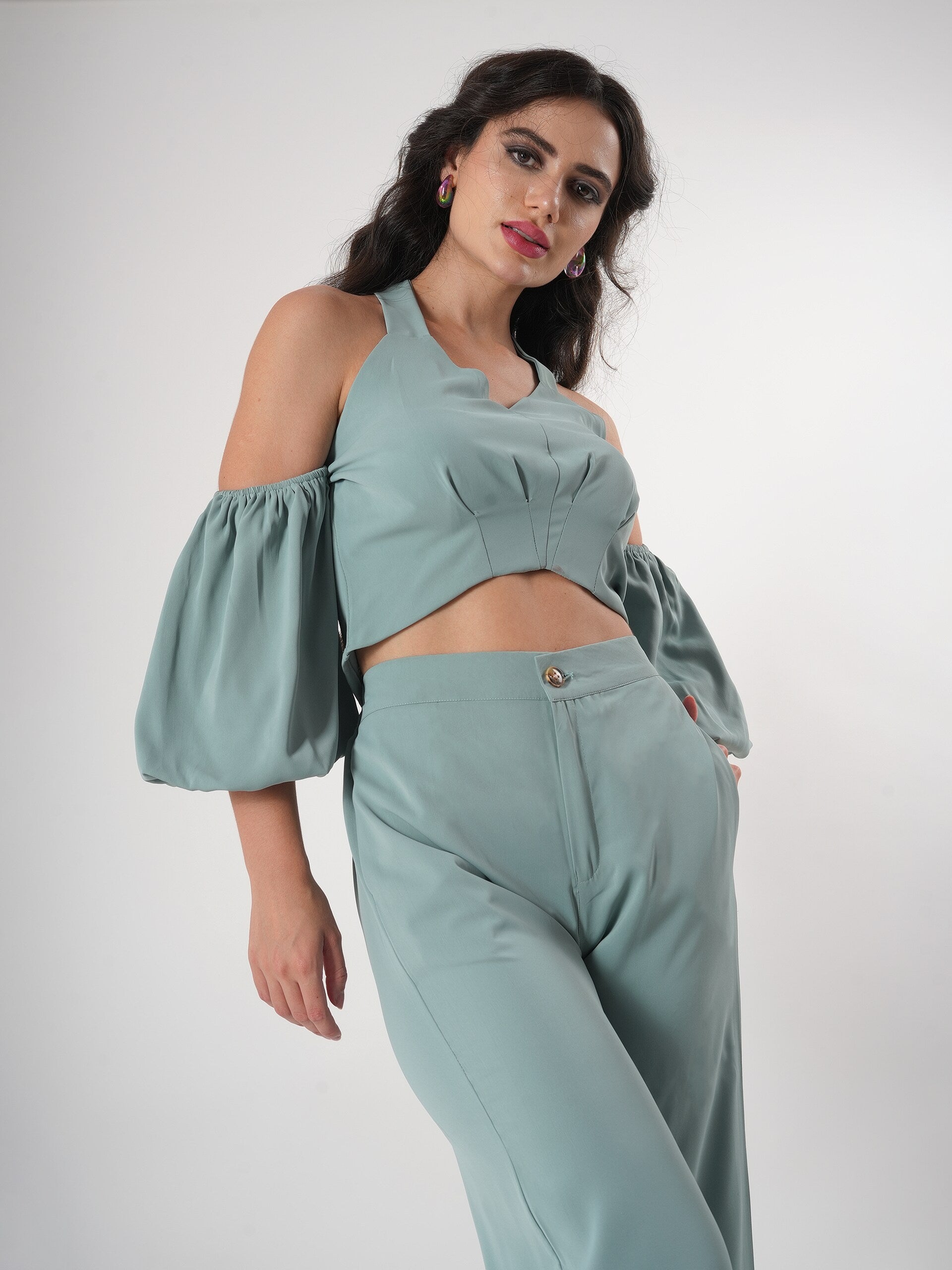 Seafoam Green Spaghetti Strap Co-ord Set With Juliet Sleeve-5