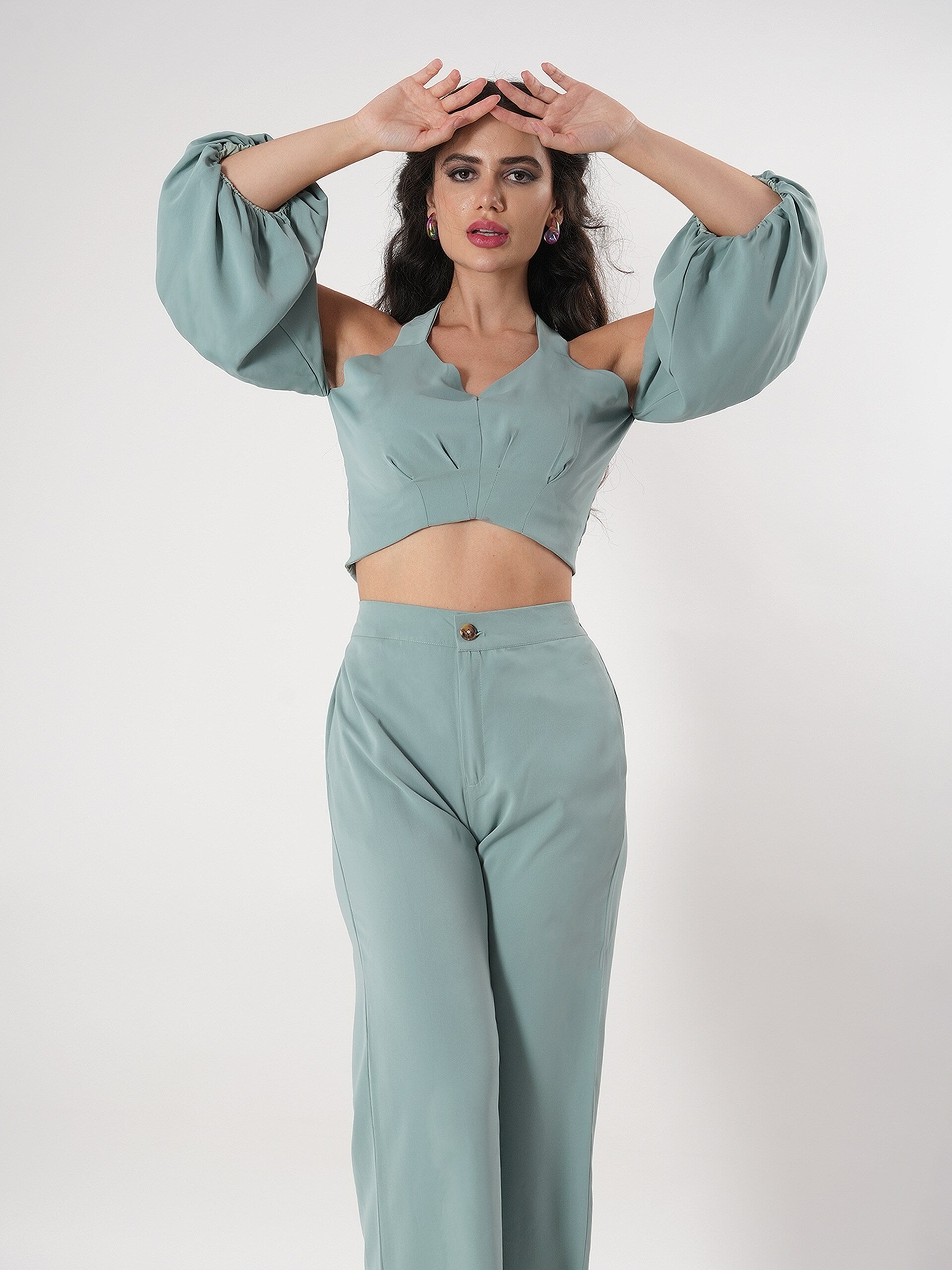 Seafoam Green Spaghetti Strap Co-ord Set With Juliet Sleeve-6