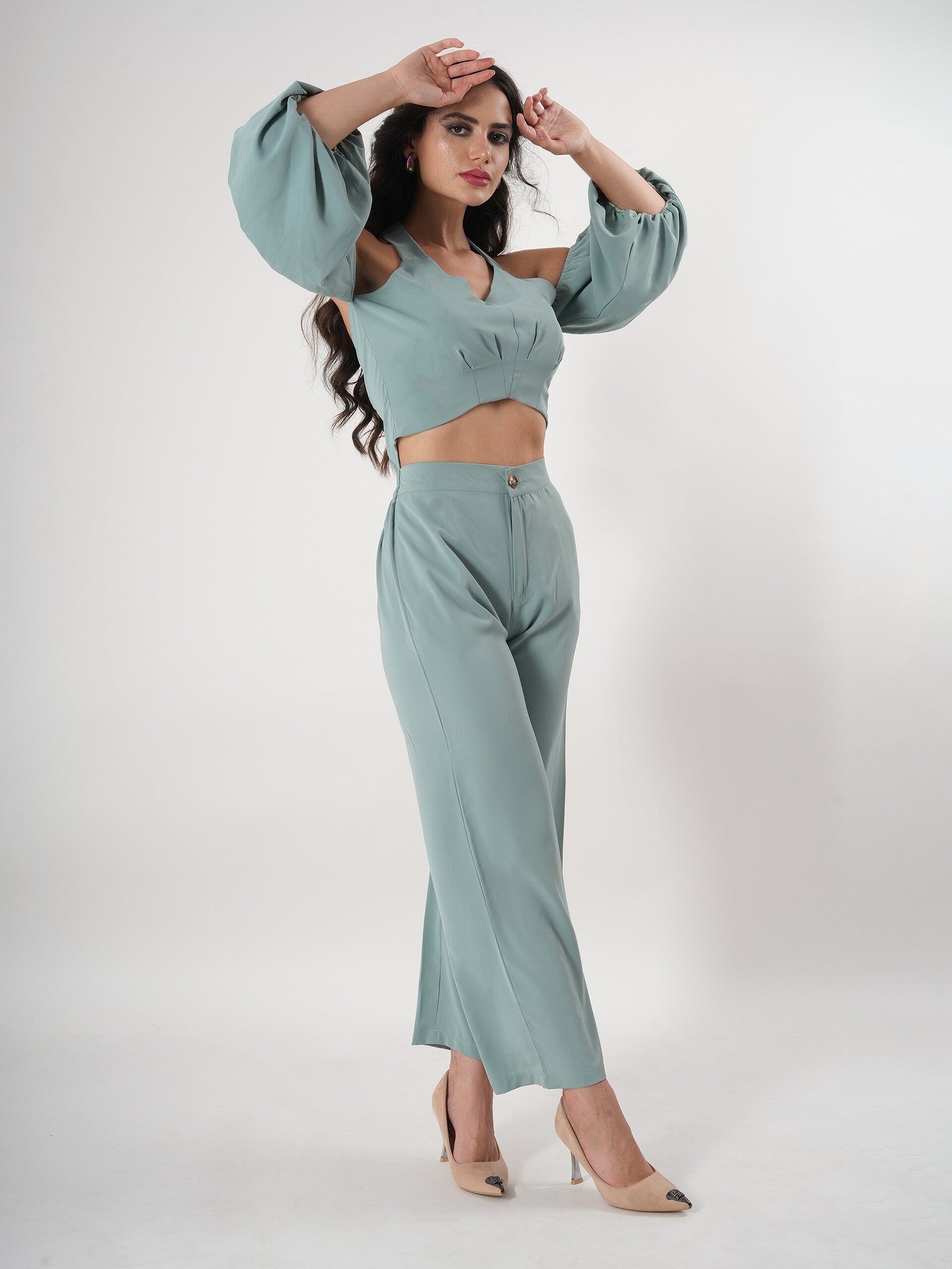 Seafoam Green Spaghetti Strap Co-ord Set With Juliet Sleeve-8