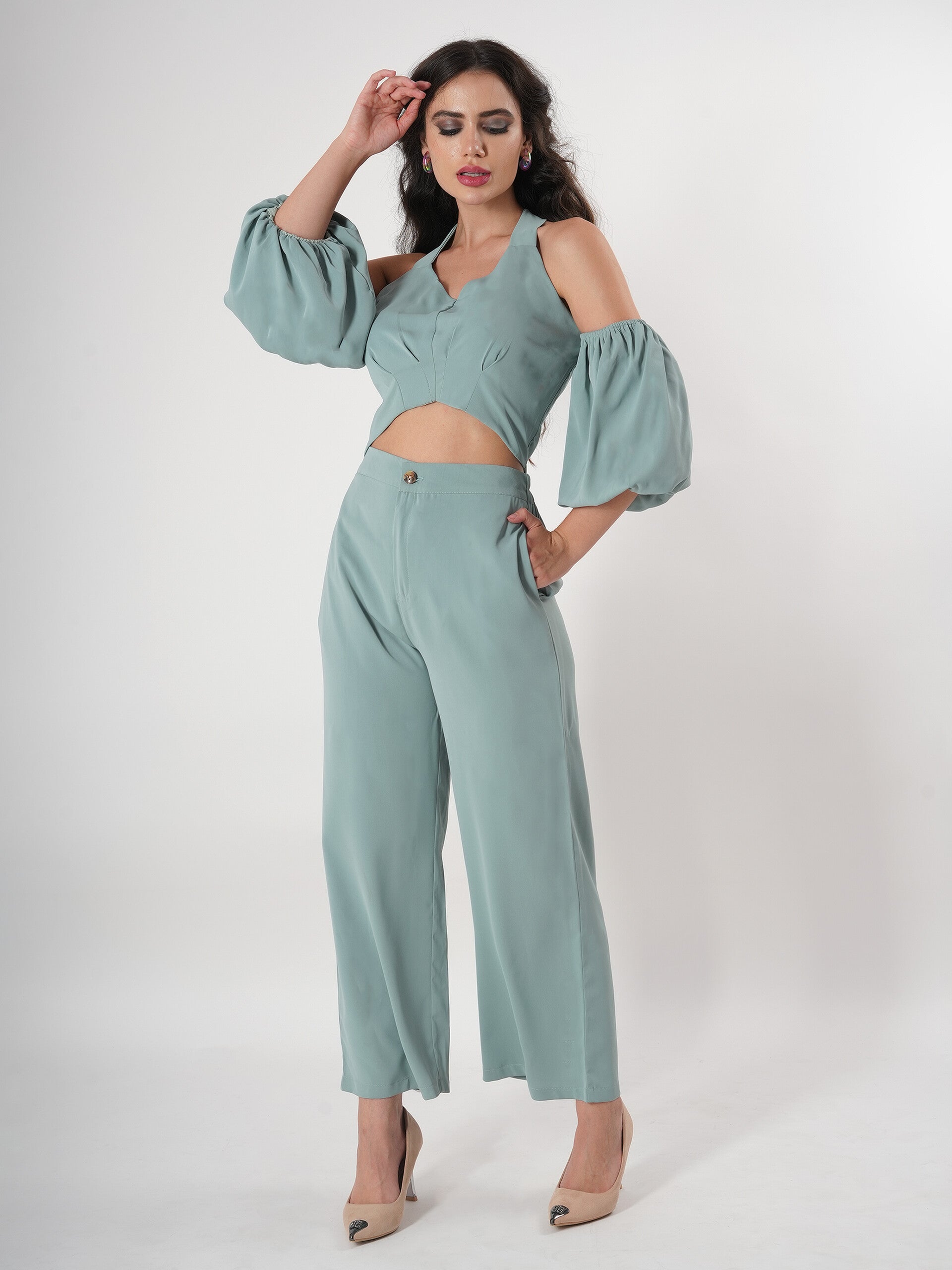 Seafoam Green Spaghetti Strap Co-ord Set With Juliet Sleeve