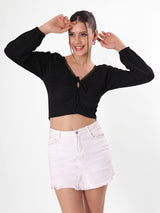 Self Design Black V Neck Crop Top