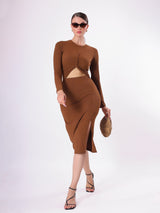 Self Design Front Cut Full Sleeve Midi Dress With Side Slit