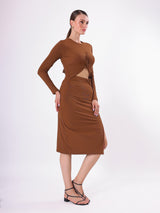 Self Design Front Cut Full Sleeve Midi Dress With Side Slit