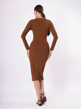 Self Design Front Cut Full Sleeve Midi Dress With Side Slit