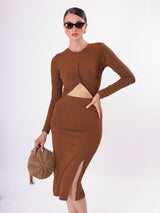 Self Design Front Cut Full Sleeve Midi Dress With Side Slit