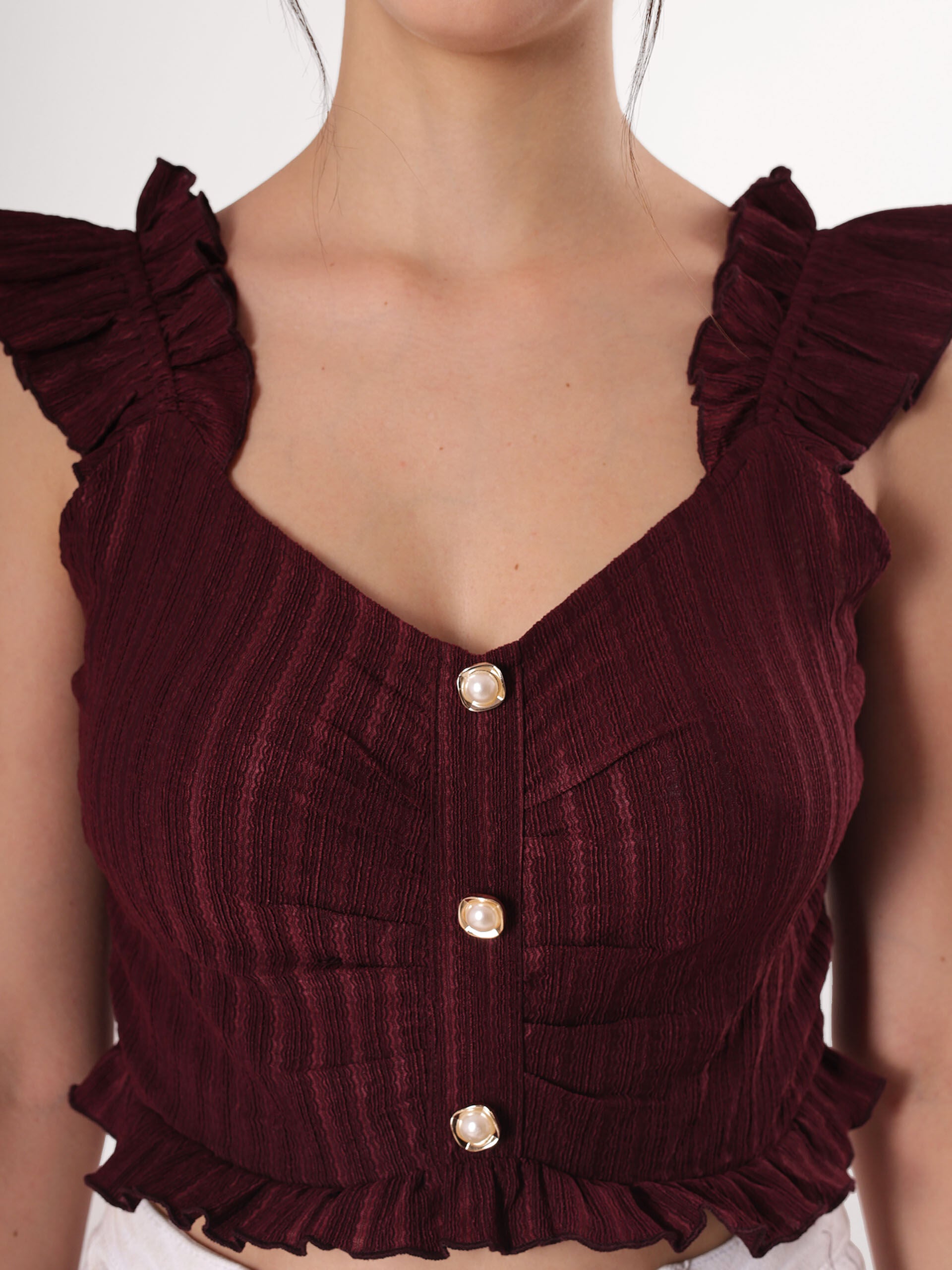 Self Design Maroon Ruffle Top