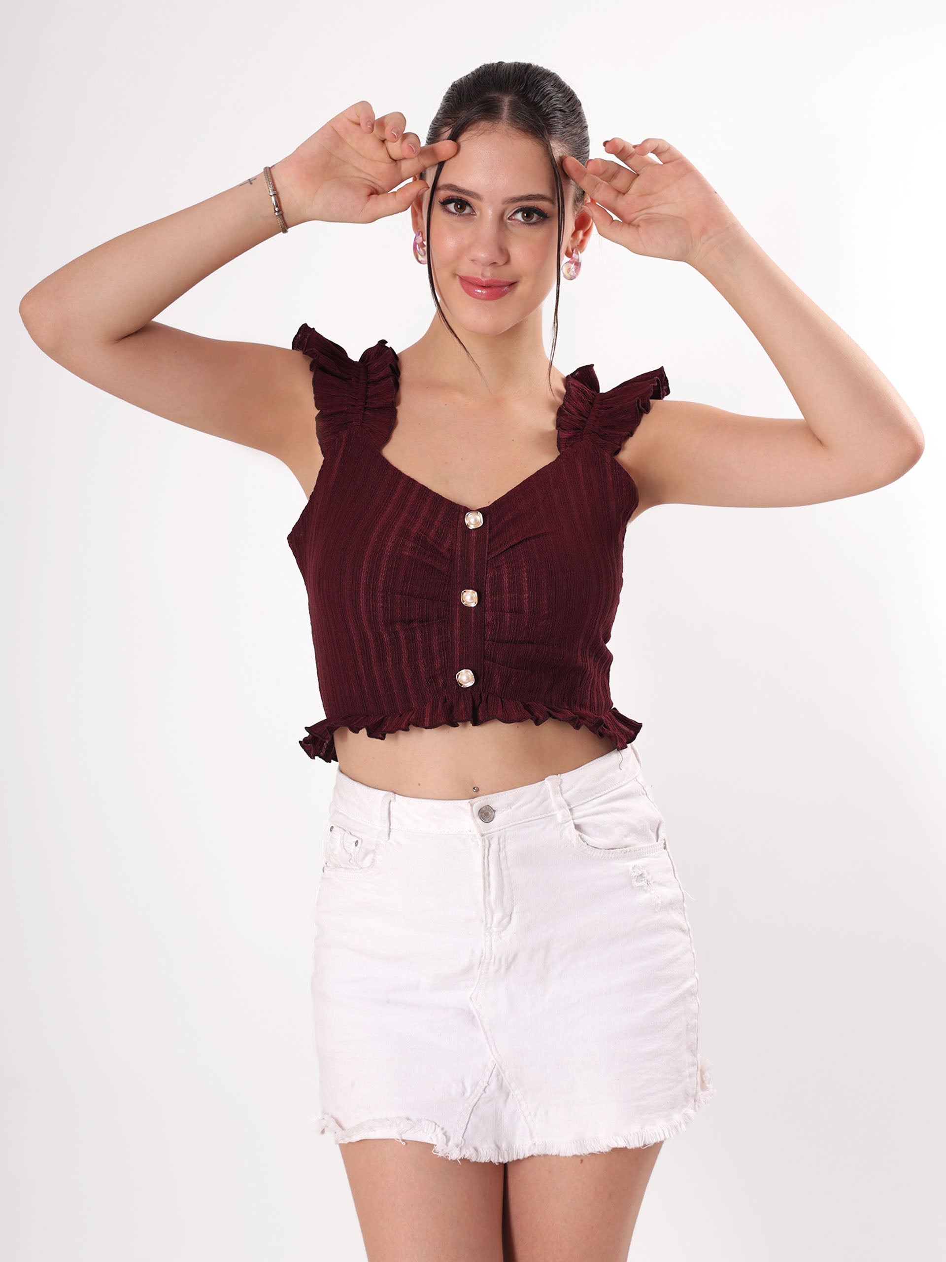 Self Design Maroon Ruffle Top