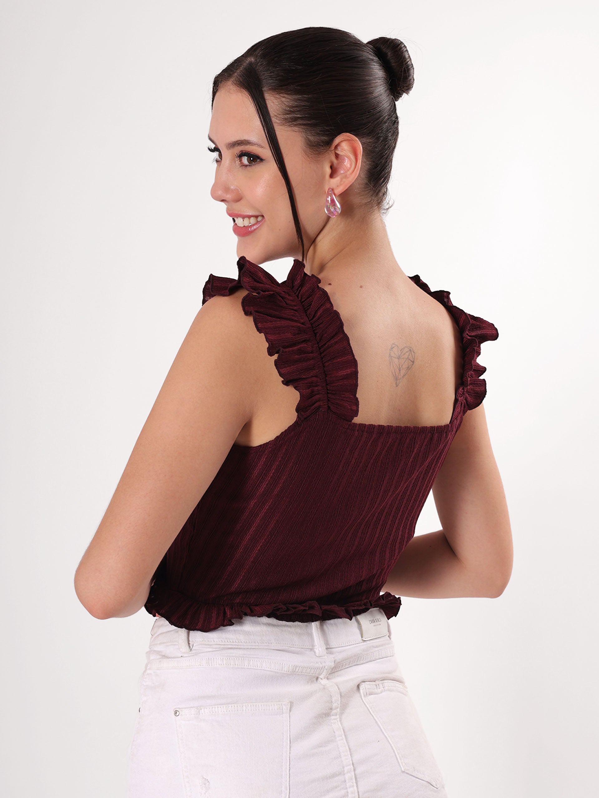 Self Design Maroon Ruffle Top