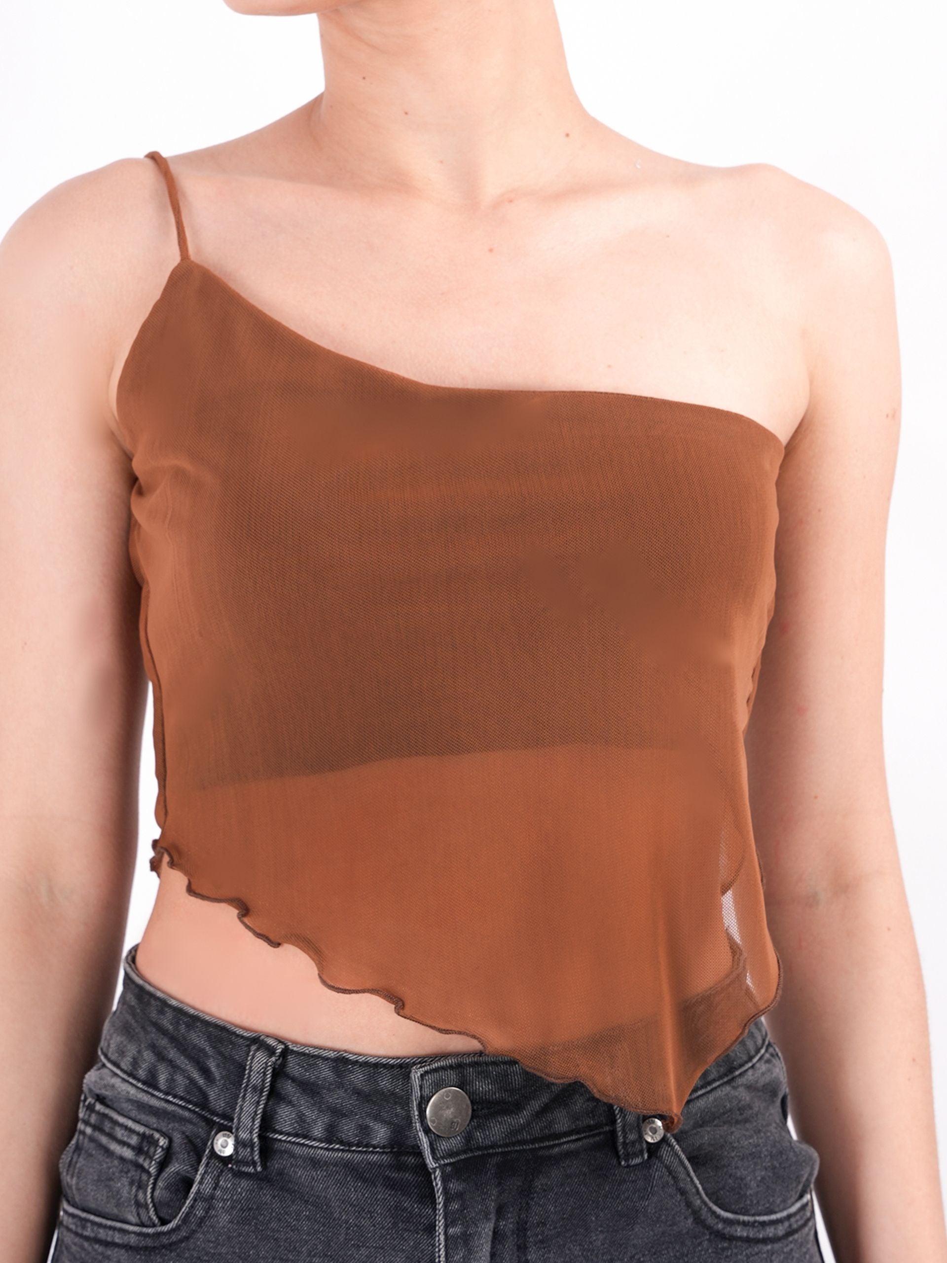 Self Design One Shoulder Sheer Top