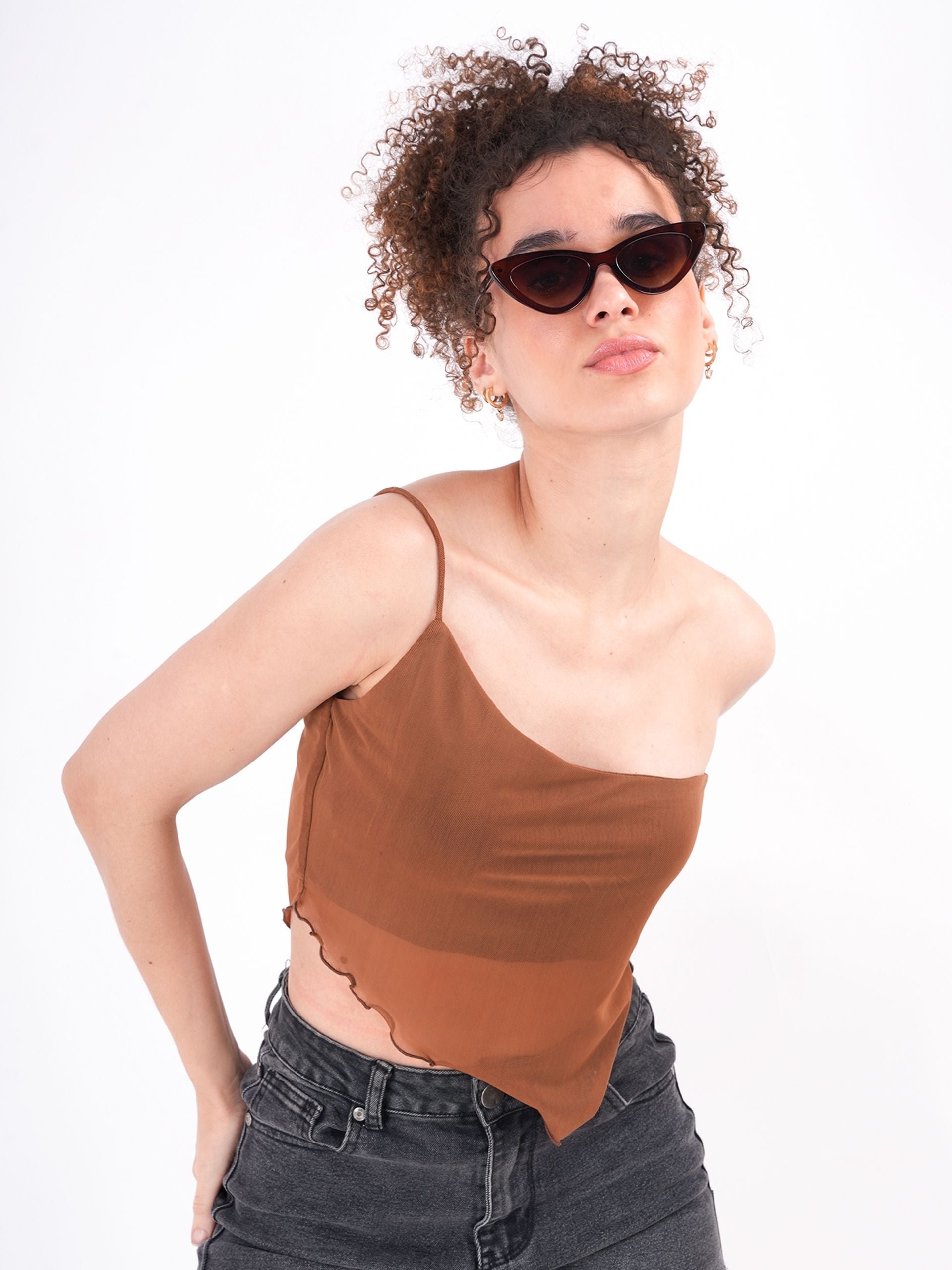 Self Design One Shoulder Sheer Top