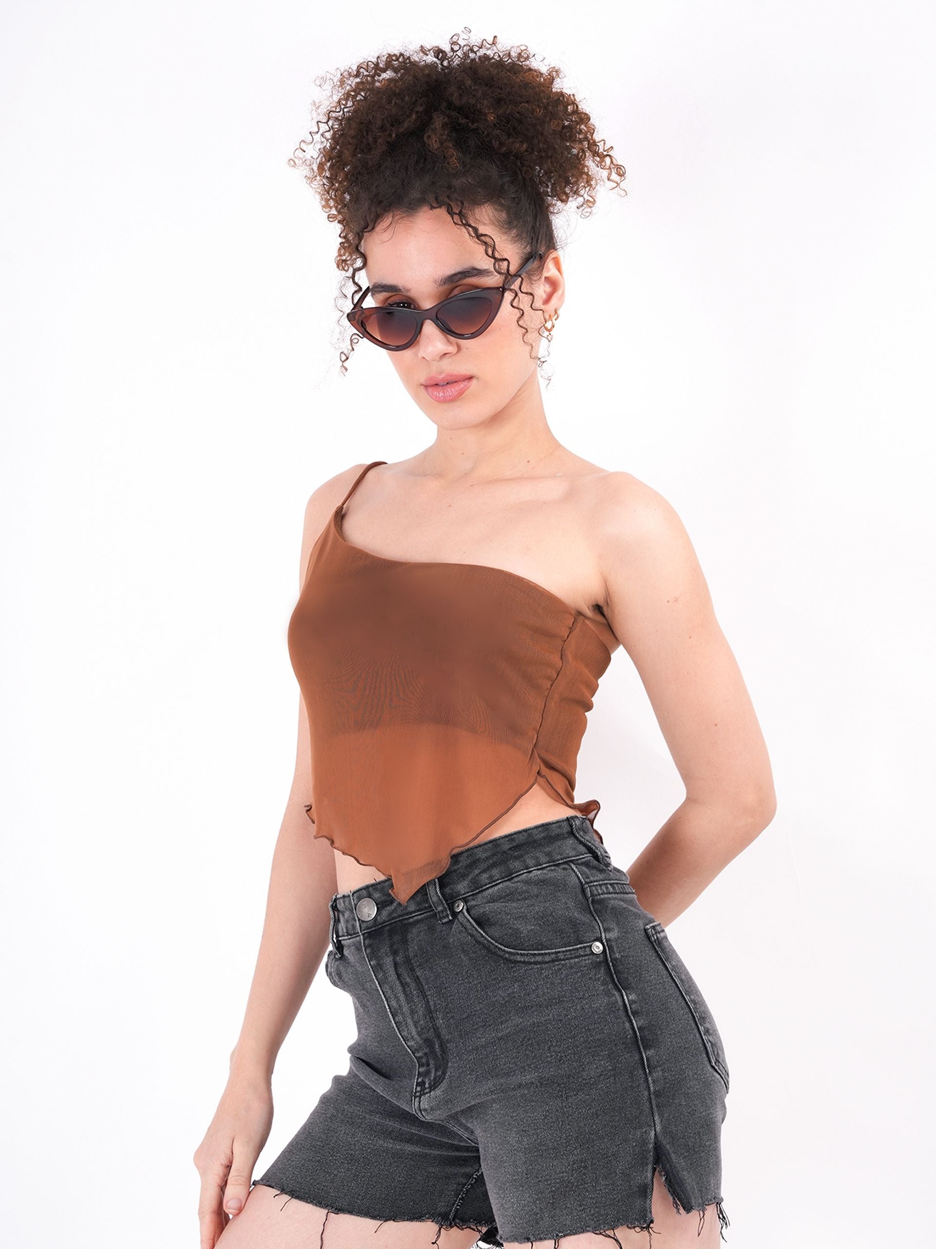 Self Design One Shoulder Sheer Top