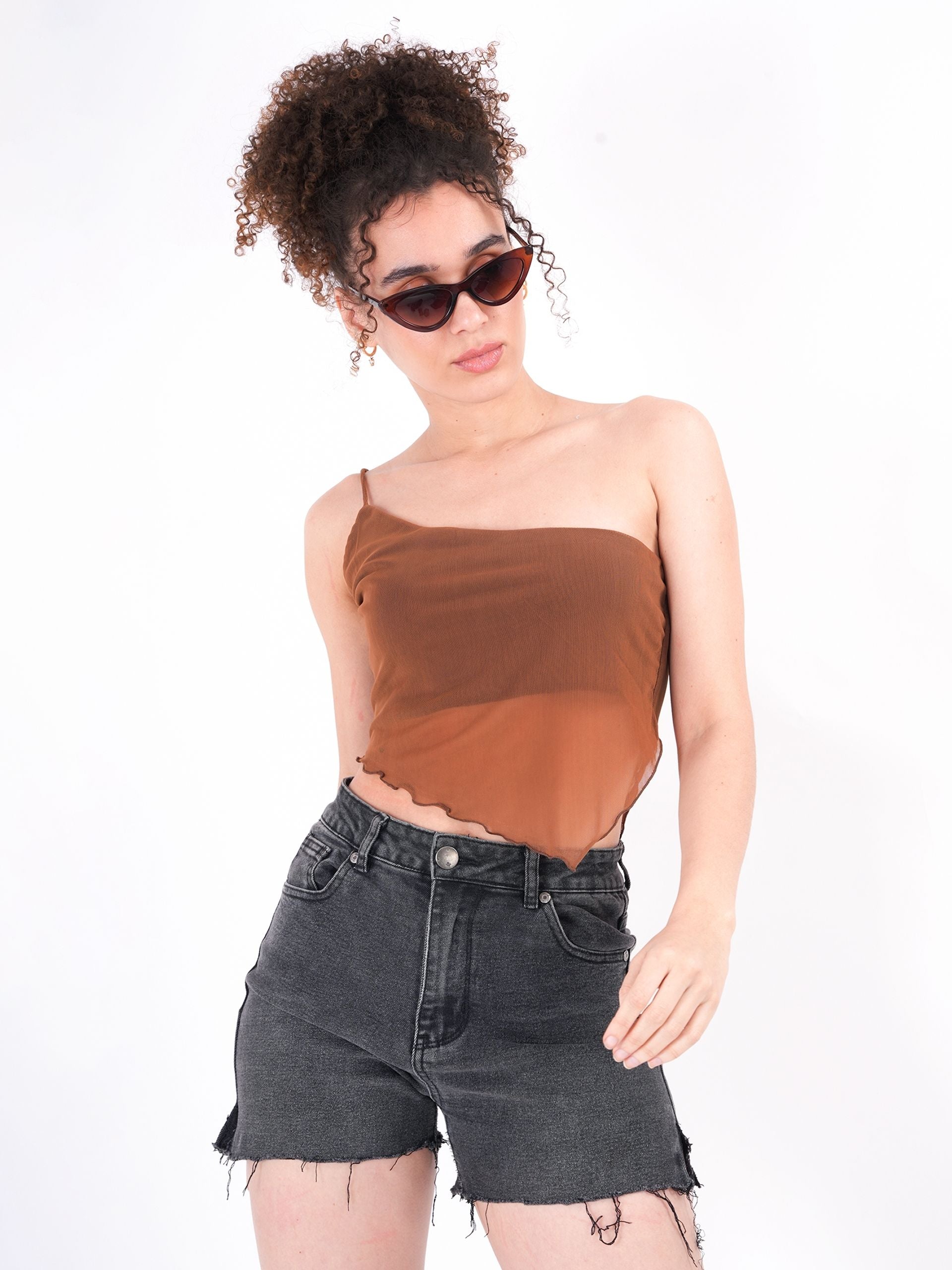 Self Design One Shoulder Sheer Top