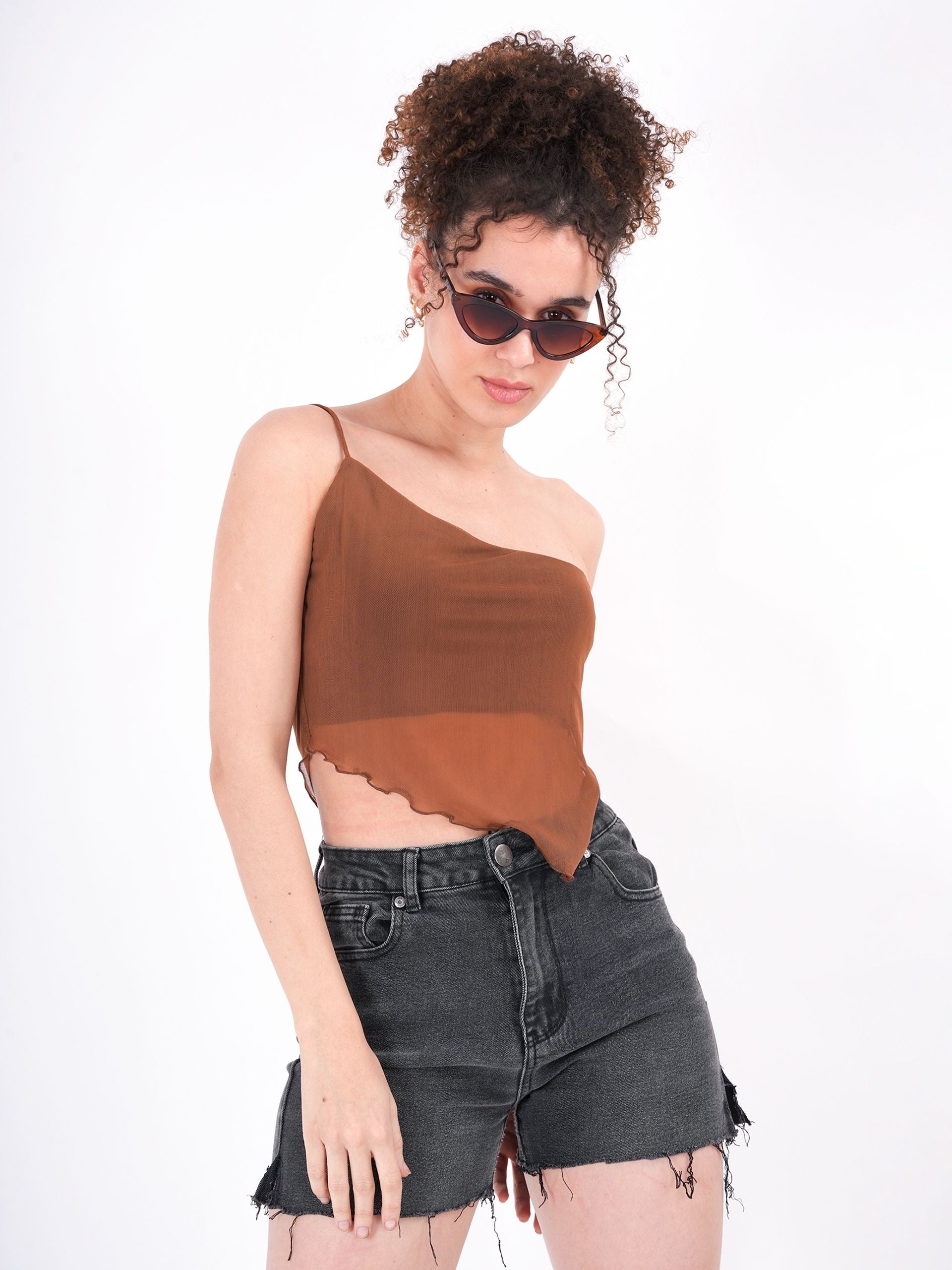 Self Design One Shoulder Sheer Top