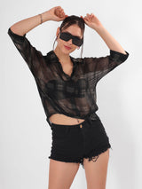 Sheer Check Crop Shirt With Spaghetti