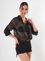 Sheer Check Crop Shirt With Spaghetti