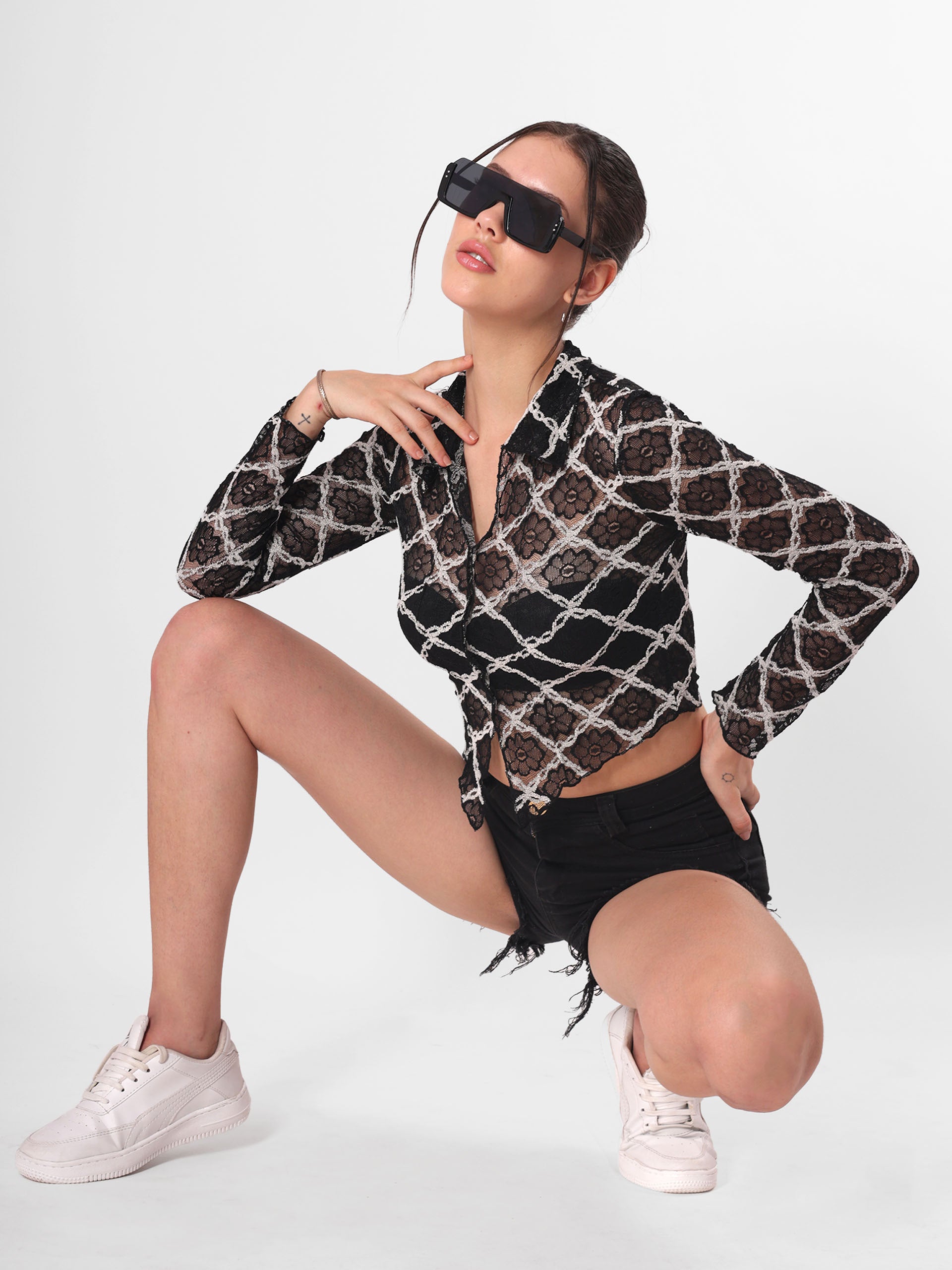Sheer Self Design Crop Shirt