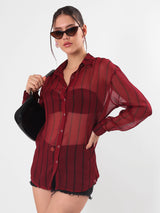 Sheer Striped Maroon Shirt With Spaghetti