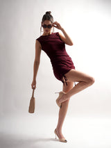 Sleeveless Maroon Partywear Bodycon Dress With Adjustable Side Strings