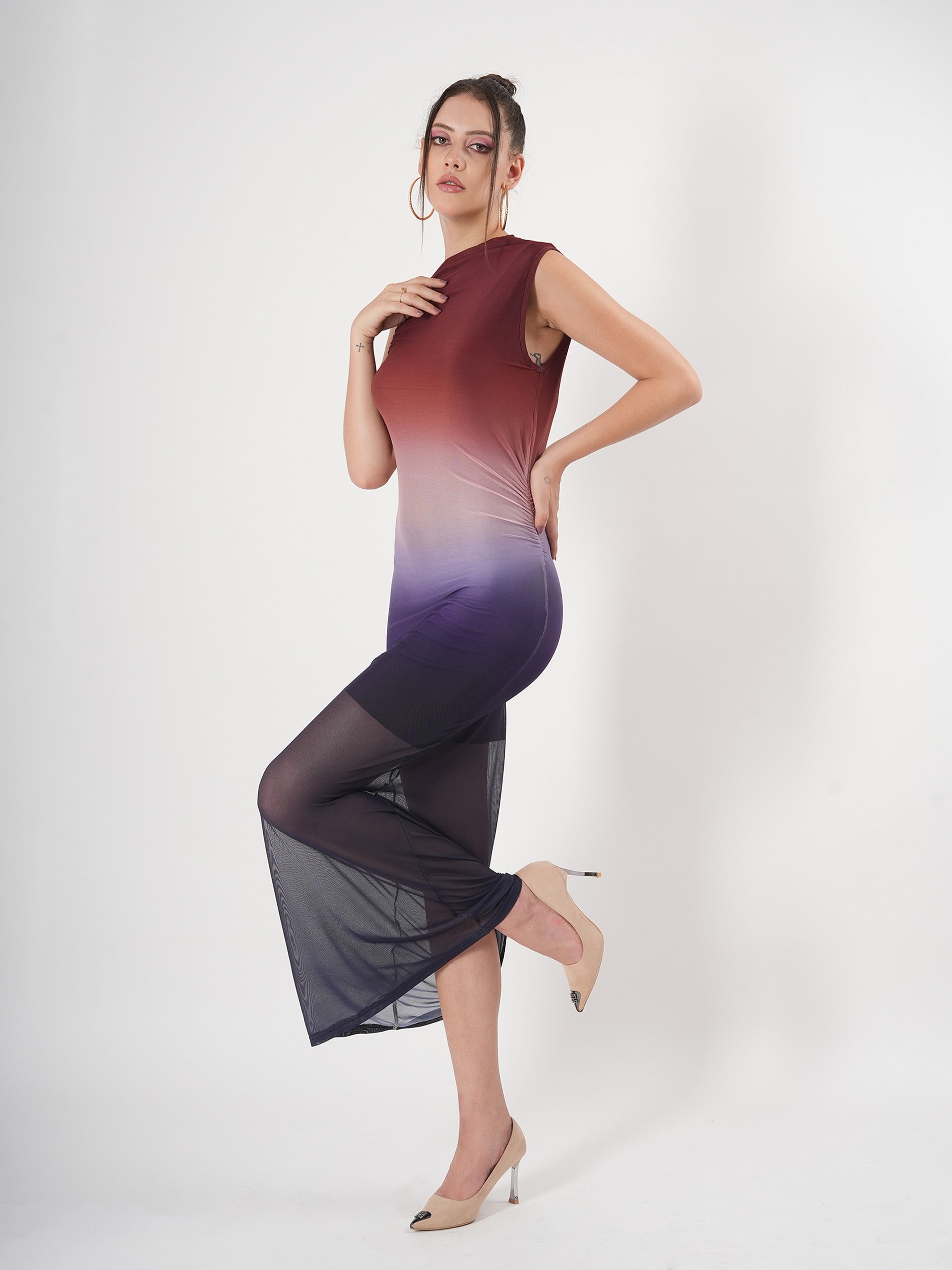 Sleeveless Multicolor Gradient Sheer Midi Dress With Boat Neck