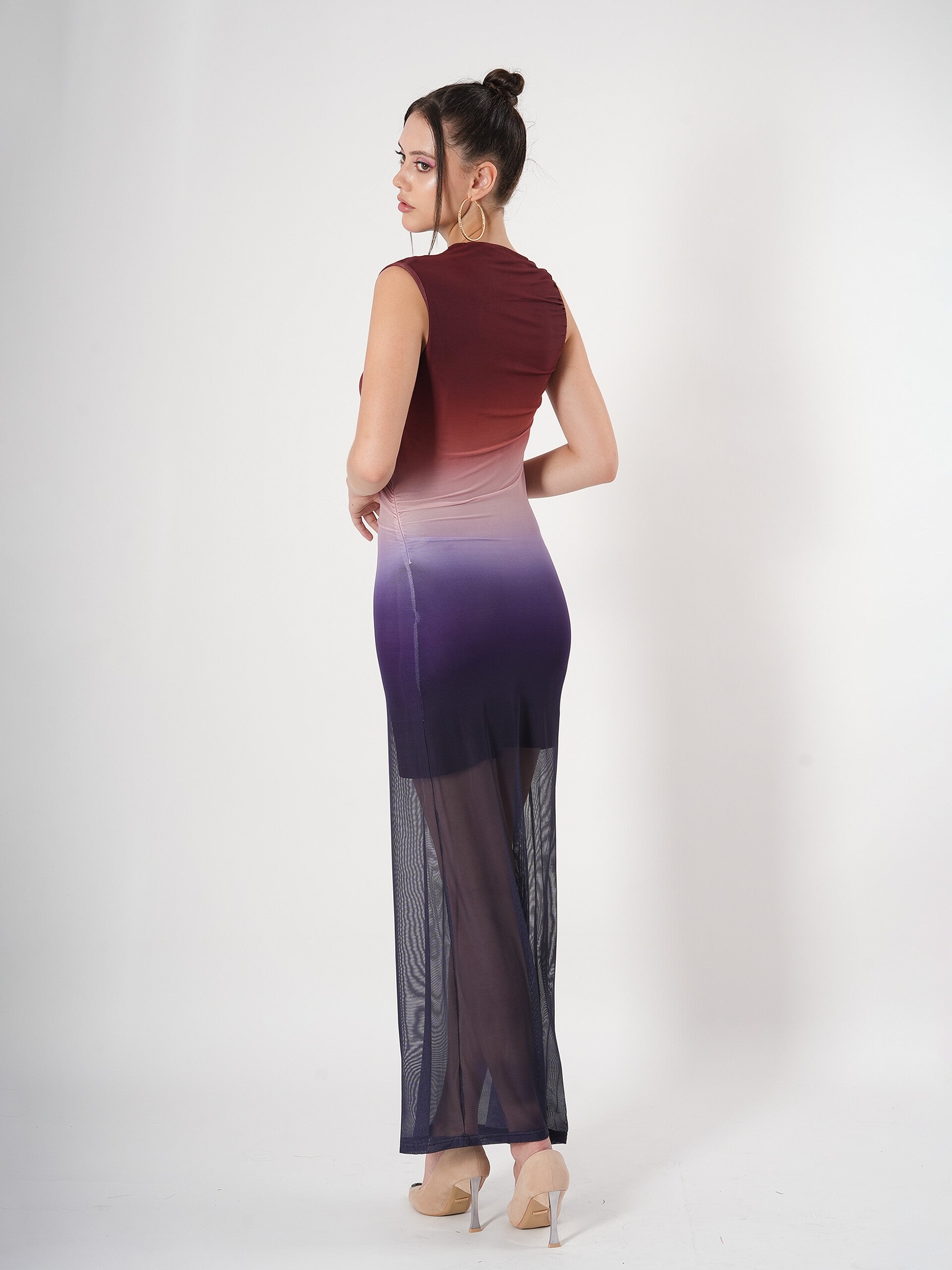 Sleeveless Multicolor Gradient Sheer Midi Dress With Boat Neck